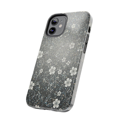 Floral Sparkle Tough Phone Case — Black & Silver Vintage Blossom