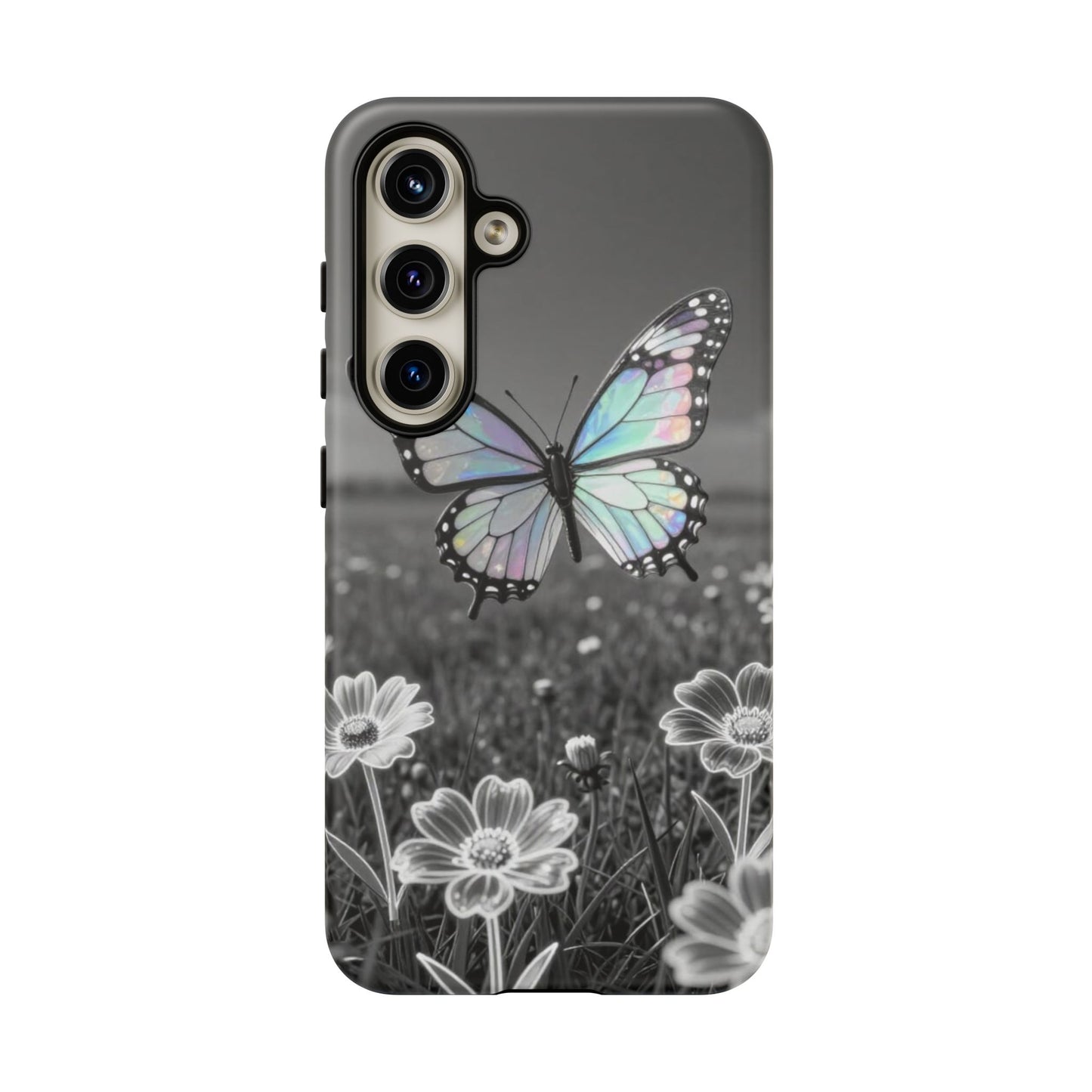 Butterfly Field Tough Phone Case — Pastel Holographic Butterfly on Black & White Floral Background