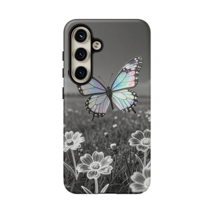 Butterfly Field Tough Phone Case — Pastel Holographic Butterfly on Black & White Floral Background