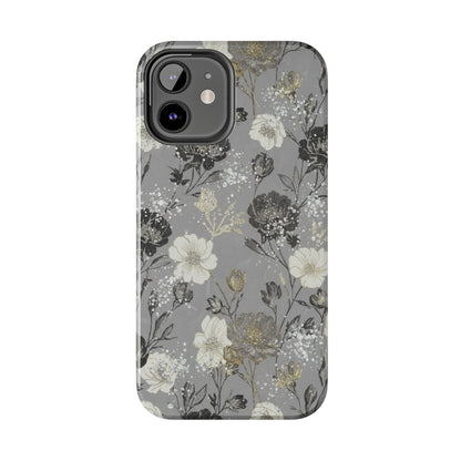 Floral Gray Tough Phone Case — Elegant Protective Phone Cover with Gold Accent