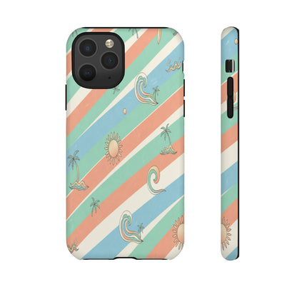 Retro Beach Stripes Phone Case — Sun, Waves & Palm Pattern Tough Case