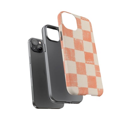 Peach Checkerboard Tough Phone Case — Retro Distressed Grid Design