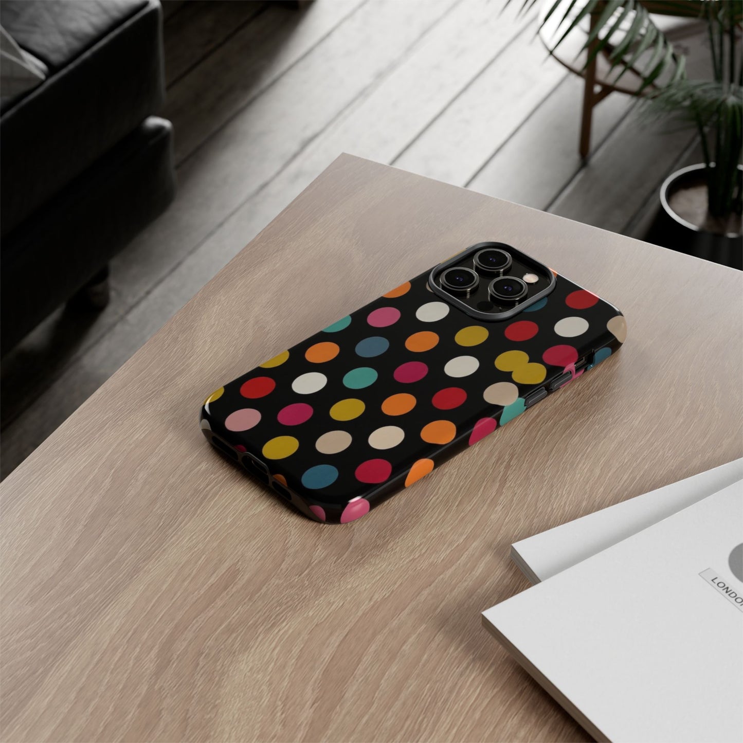 Polka Dot Tough Phone Case – Colorful Retro Dots on Black