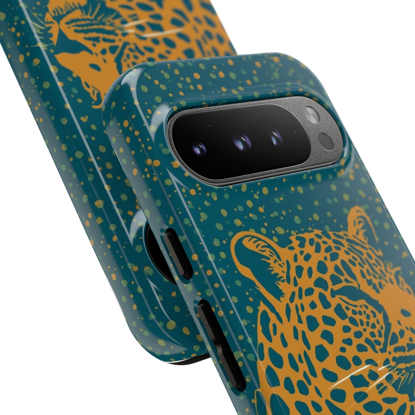 Leopard Spotlight Phone Case — Teal Gold Animal Print Protective Cover