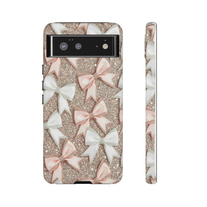 Glitter Bow Tough Phone Case — Pink & White Ribbon Protective Cover