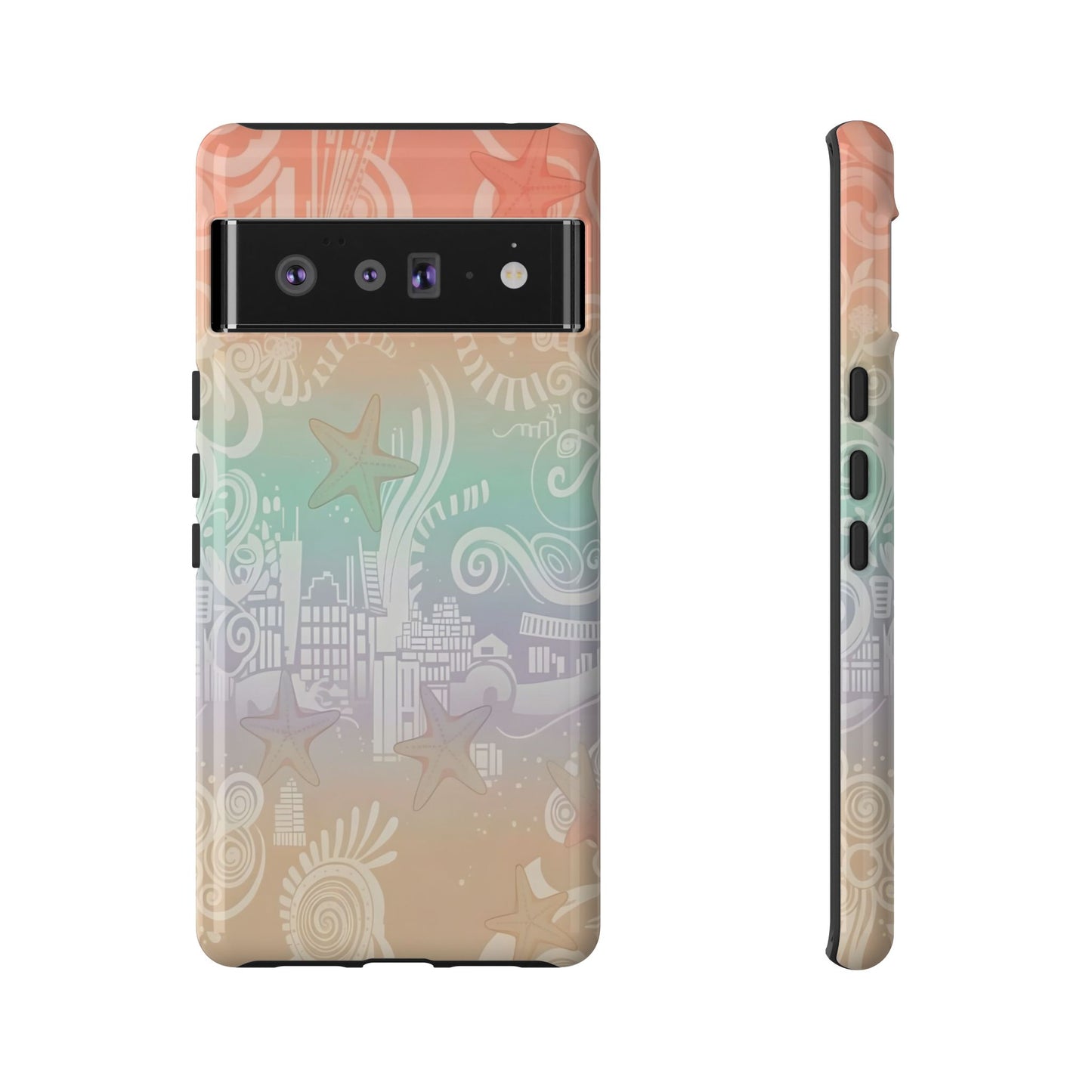 Tough Cases: Pastel Beach Pattern Phone Case — Starfish & Coastal Cityscape Protective Cover