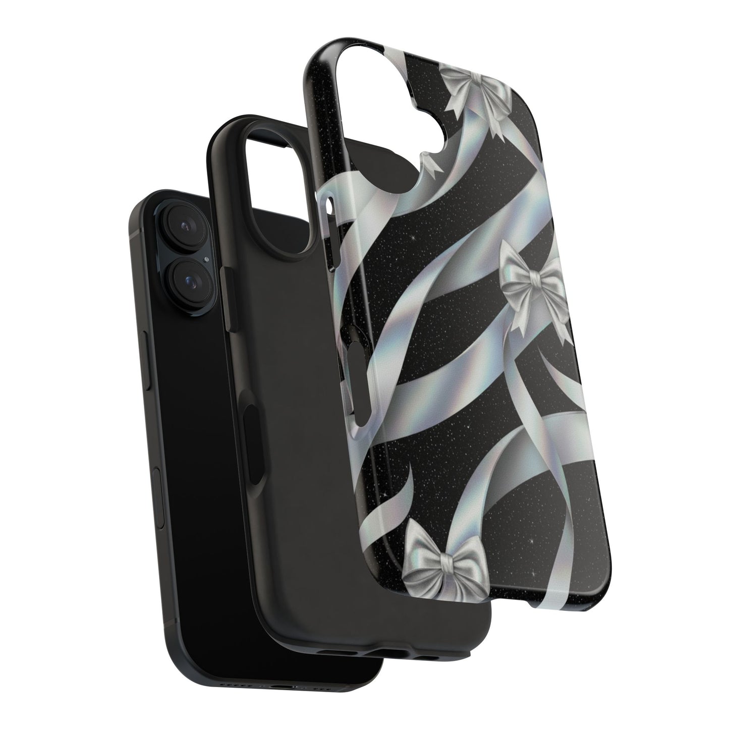Silver Ribbon Bow Tough Phone Case — Glitter Black Protective Phone Case