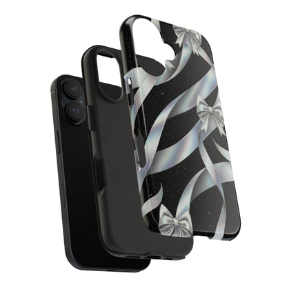 Silver Ribbon Bow Tough Phone Case — Glitter Black Protective Phone Case