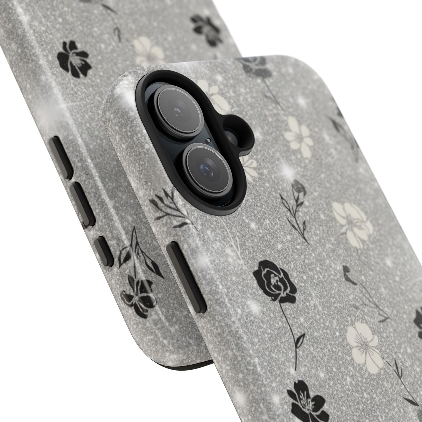 Floral Glitter Tough Phone Case — Black & Silver Vintage Flower Protective Cover