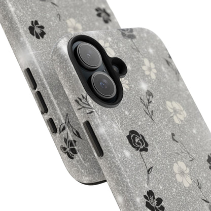 Floral Glitter Tough Phone Case — Black & Silver Vintage Flower Protective Cover