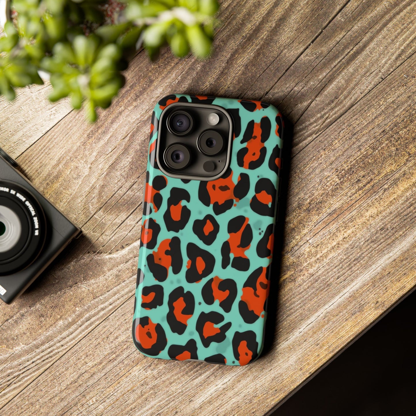 Leopard Print Tough Phone Case — Teal & Rust Protective iPhone Cover