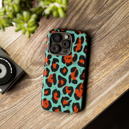Leopard Print Tough Phone Case — Teal & Rust Protective iPhone Cover