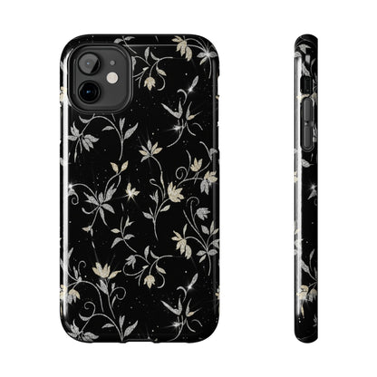 Floral Noir Tough Phone Case — Vintage Black Botanical Protective Cover