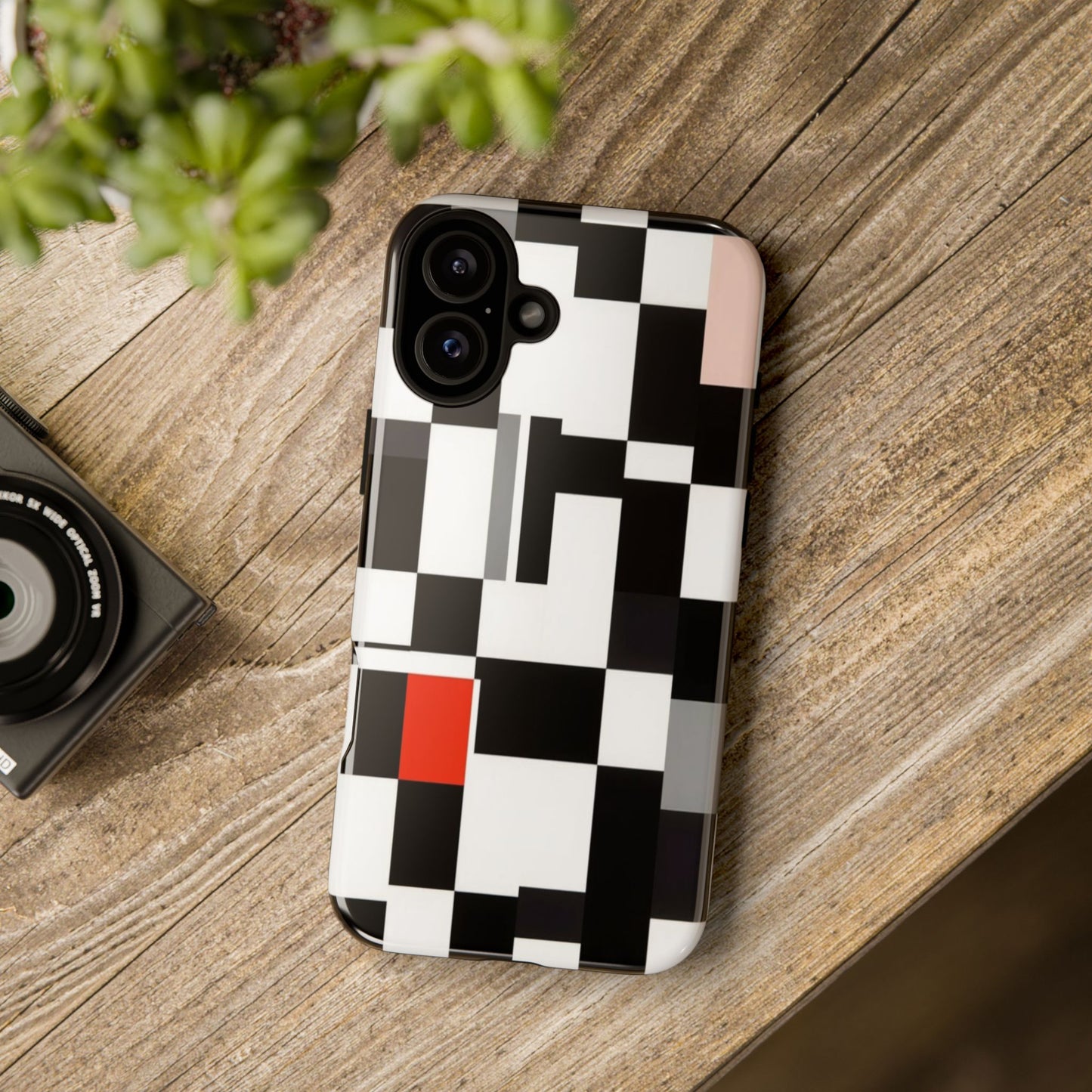 Abstract Geometric Phone Case – Black & White Checker Grid with Red Accent