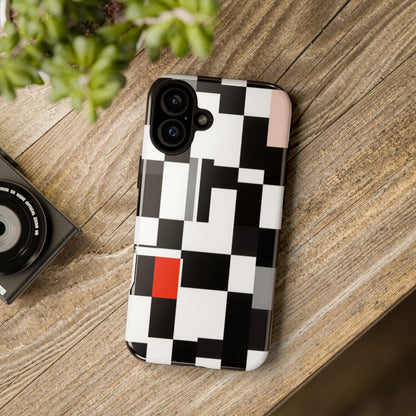 Abstract Geometric Phone Case – Black & White Checker Grid with Red Accent