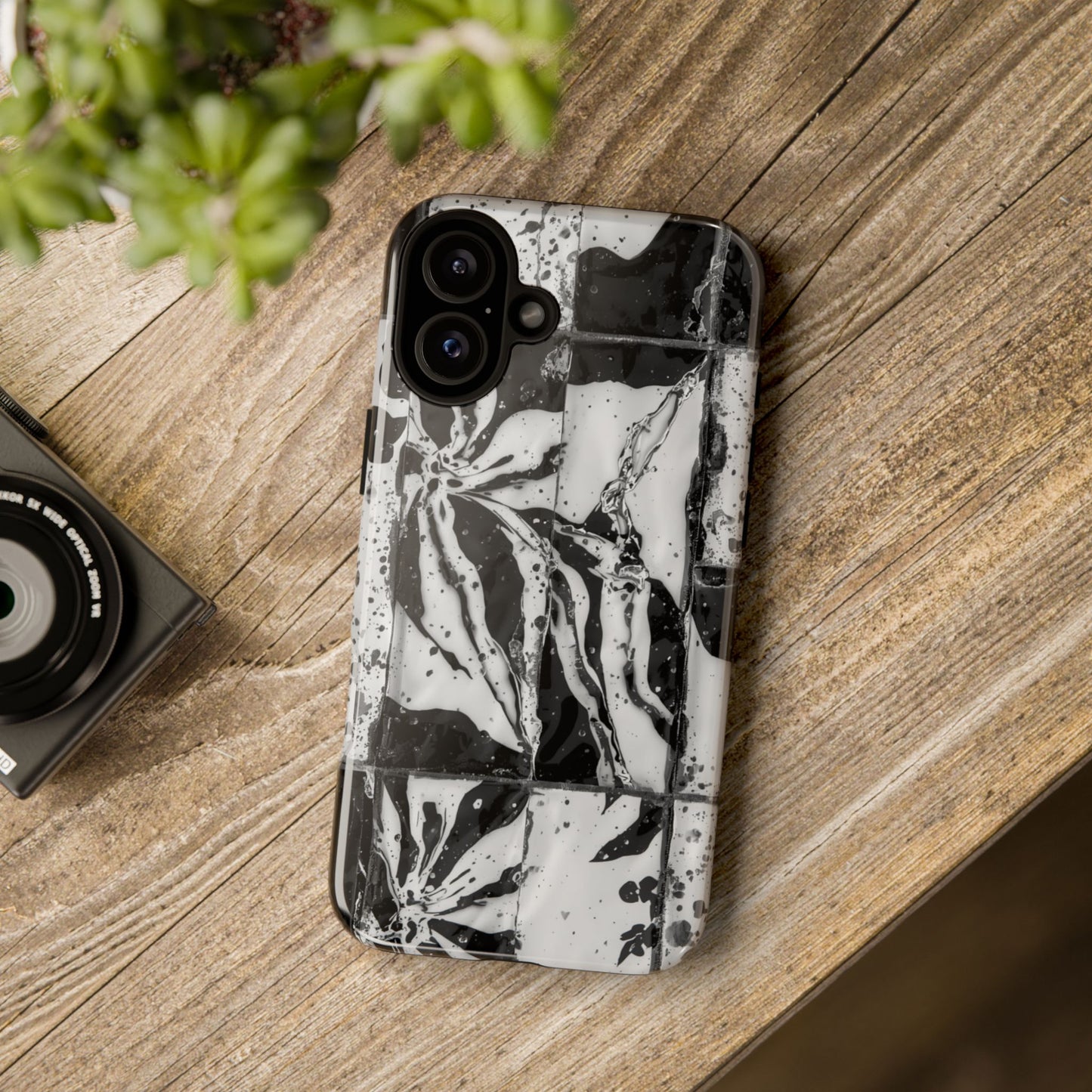 Monochrome Tile Floral Tough Phone Case