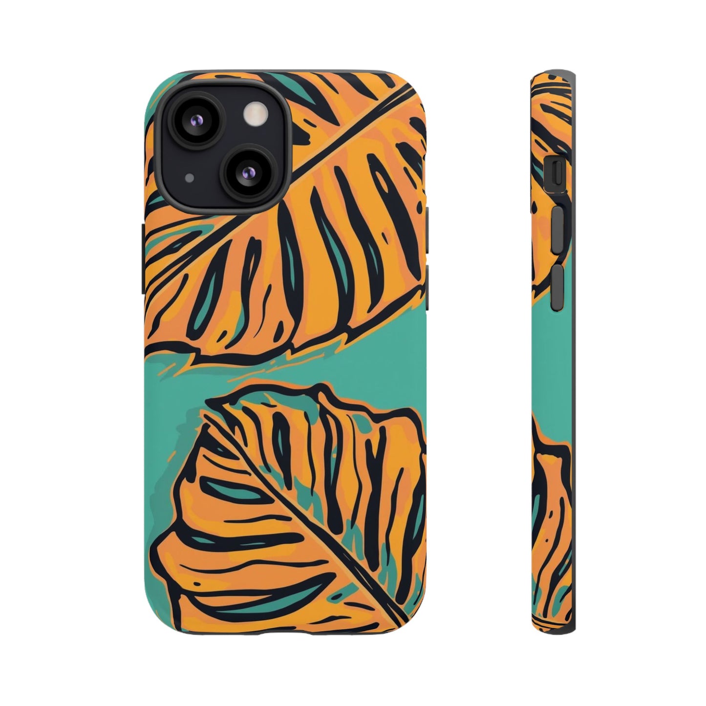 Tropical Leaf Tough Phone Case — Orange Monstera Design on Teal
