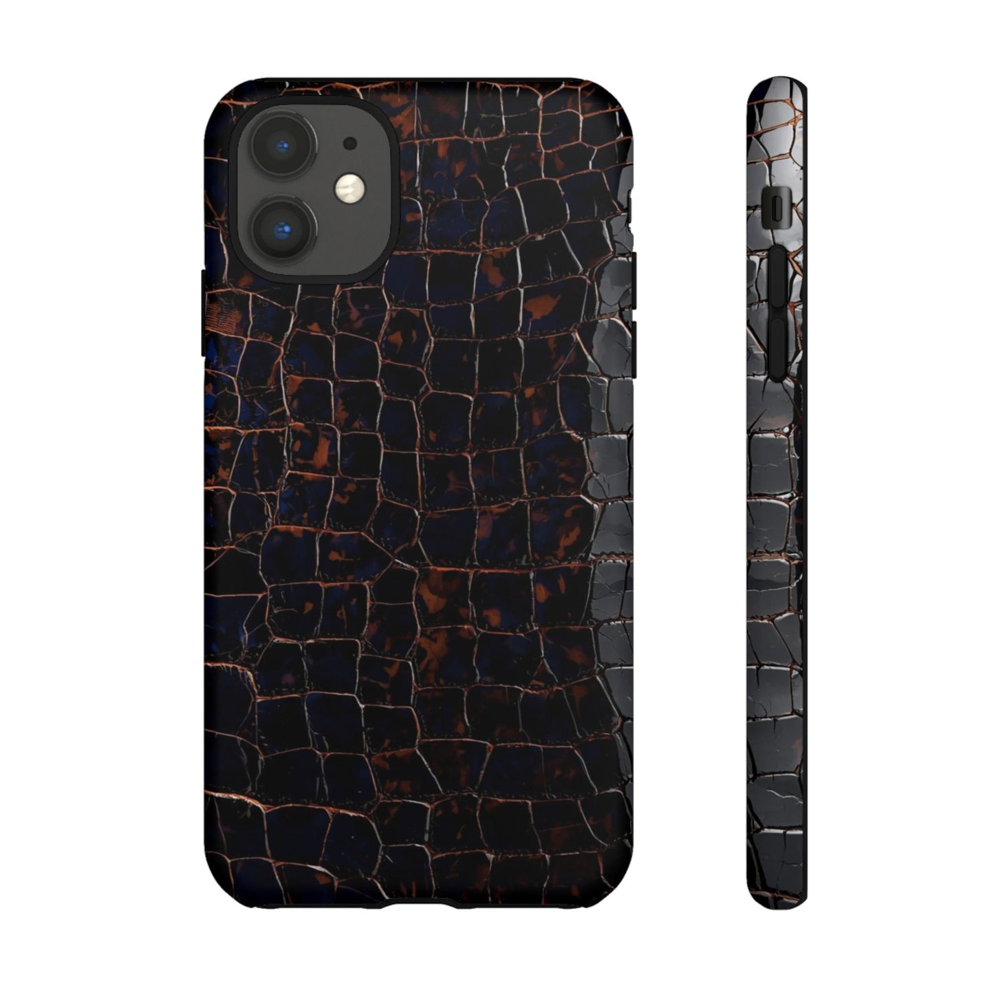 Croc-Embossed Tough Phone Case — Shockproof Black Alligator Texture