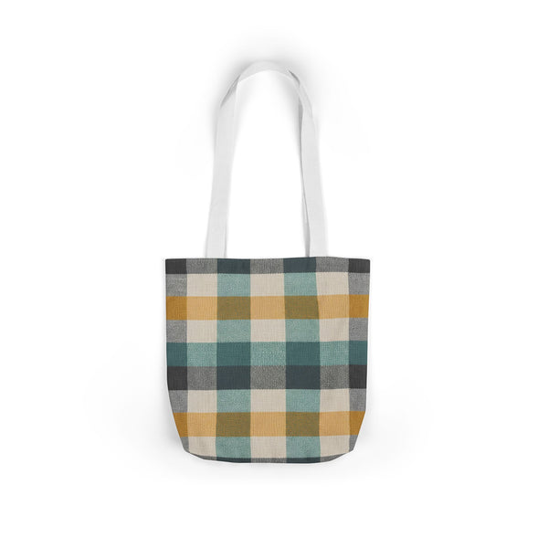 Plaid Canvas Tote Bag — Teal, Mustard & Charcoal Checkered Market Bag