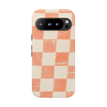 Peach Checkerboard Tough Phone Case — Retro Distressed Grid Design