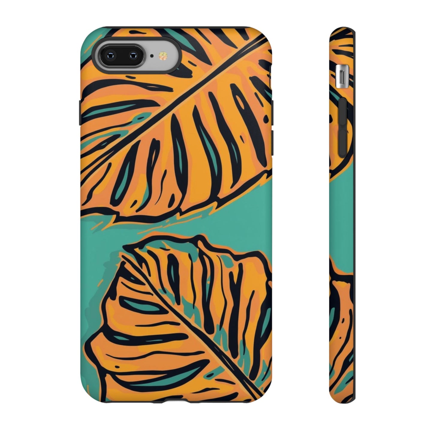 Tropical Leaf Tough Phone Case — Orange Monstera Design on Teal