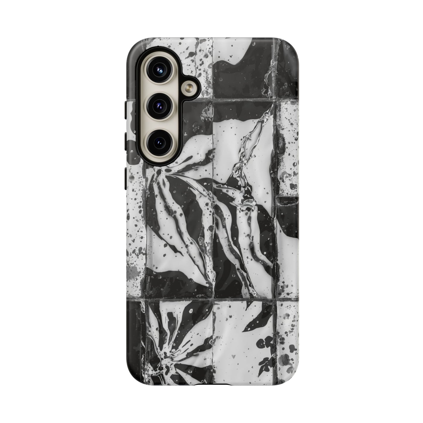 Monochrome Tile Floral Tough Phone Case