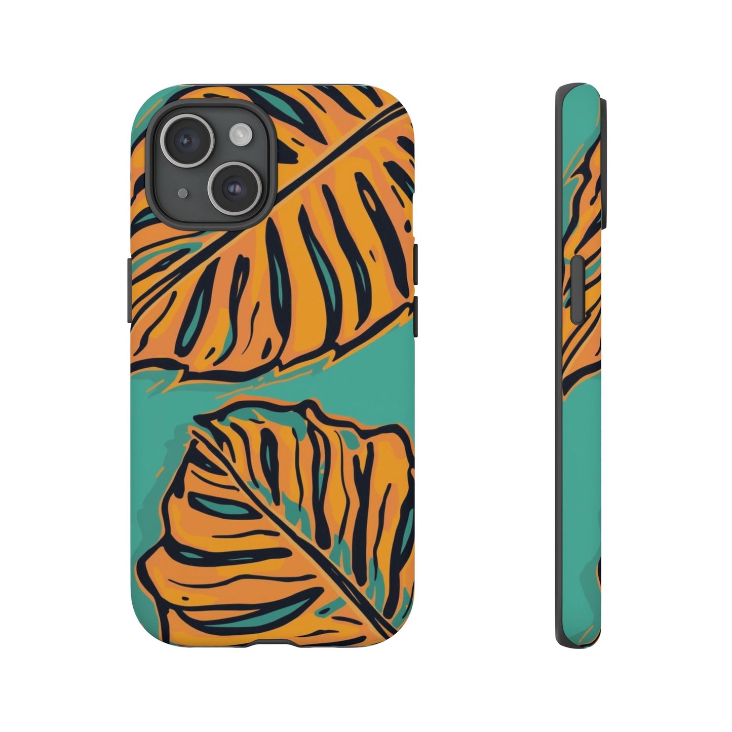 Tropical Leaf Tough Phone Case — Orange Monstera Design on Teal