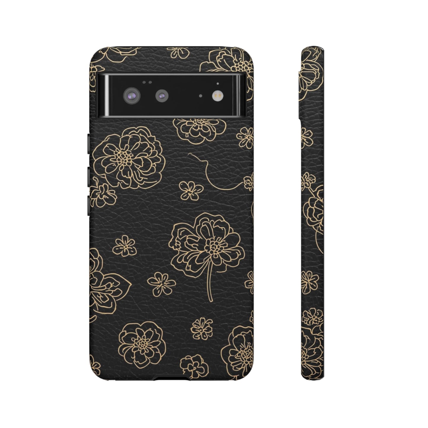 Floral Leather-Texture Tough Case – Black Gold Outline Phone Cover