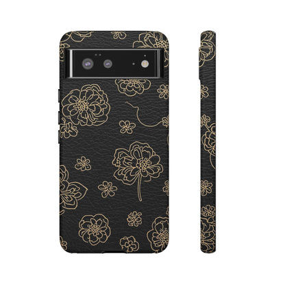 Floral Leather-Texture Tough Case – Black Gold Outline Phone Cover