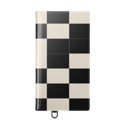 Checkered Flip Phone Case – Black & Cream Retro Grid Wallet Case