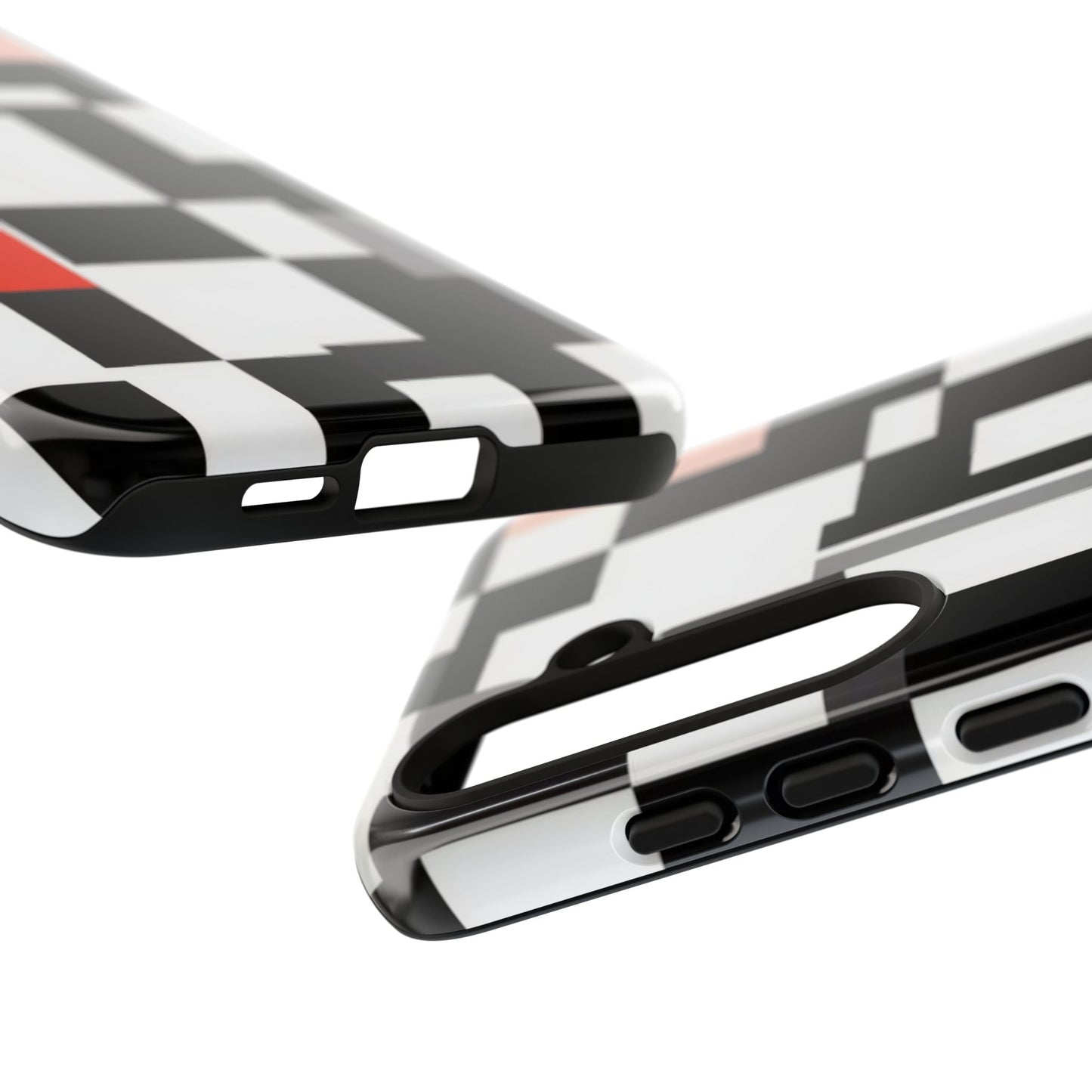 Abstract Geometric Phone Case – Black & White Checker Grid with Red Accent