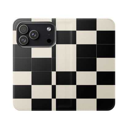 Checkered Flip Phone Case – Black & Cream Retro Grid Wallet Case