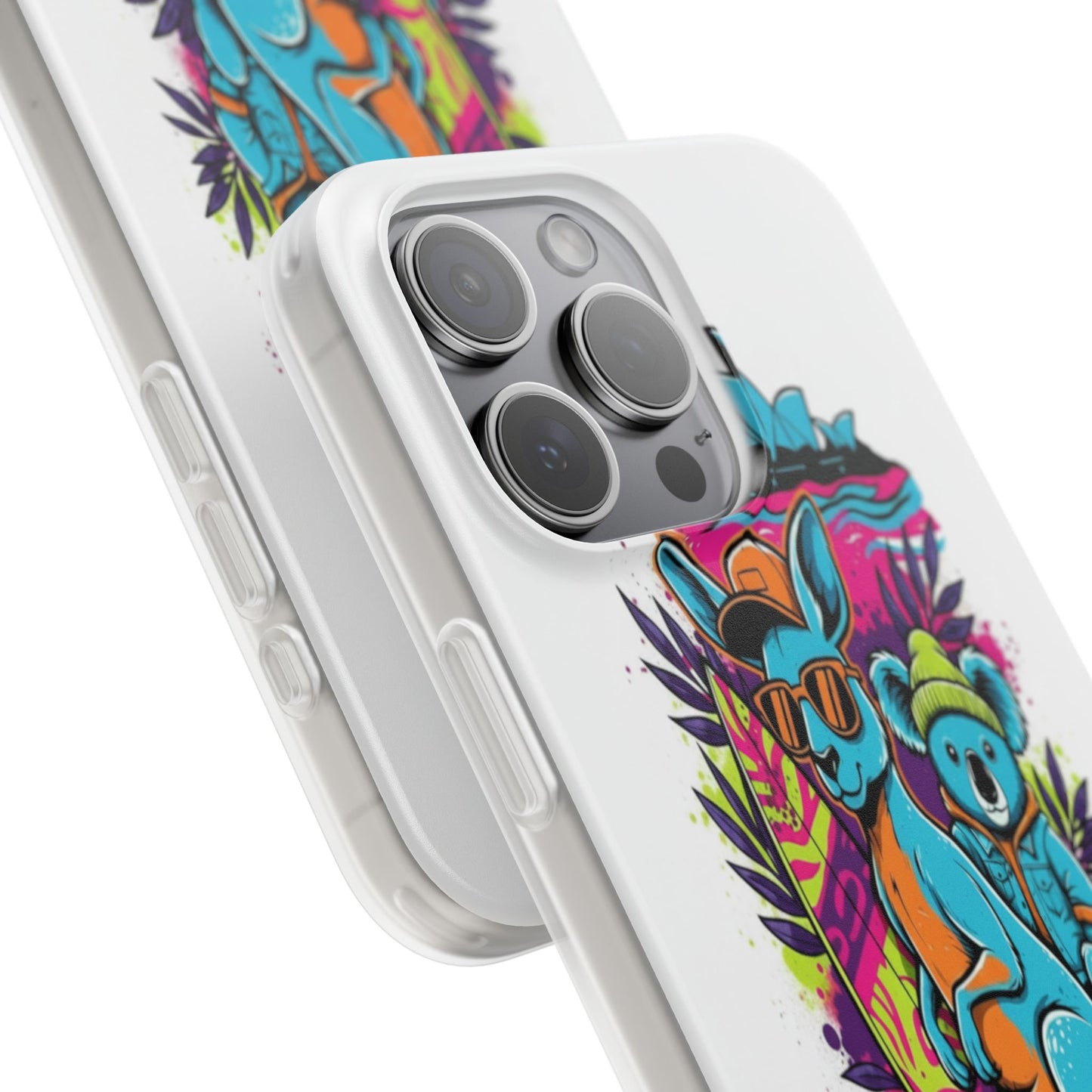 Kangaroo & Koala Surf Phone Case — Neon Aussie Beach Vibes Flexible Case