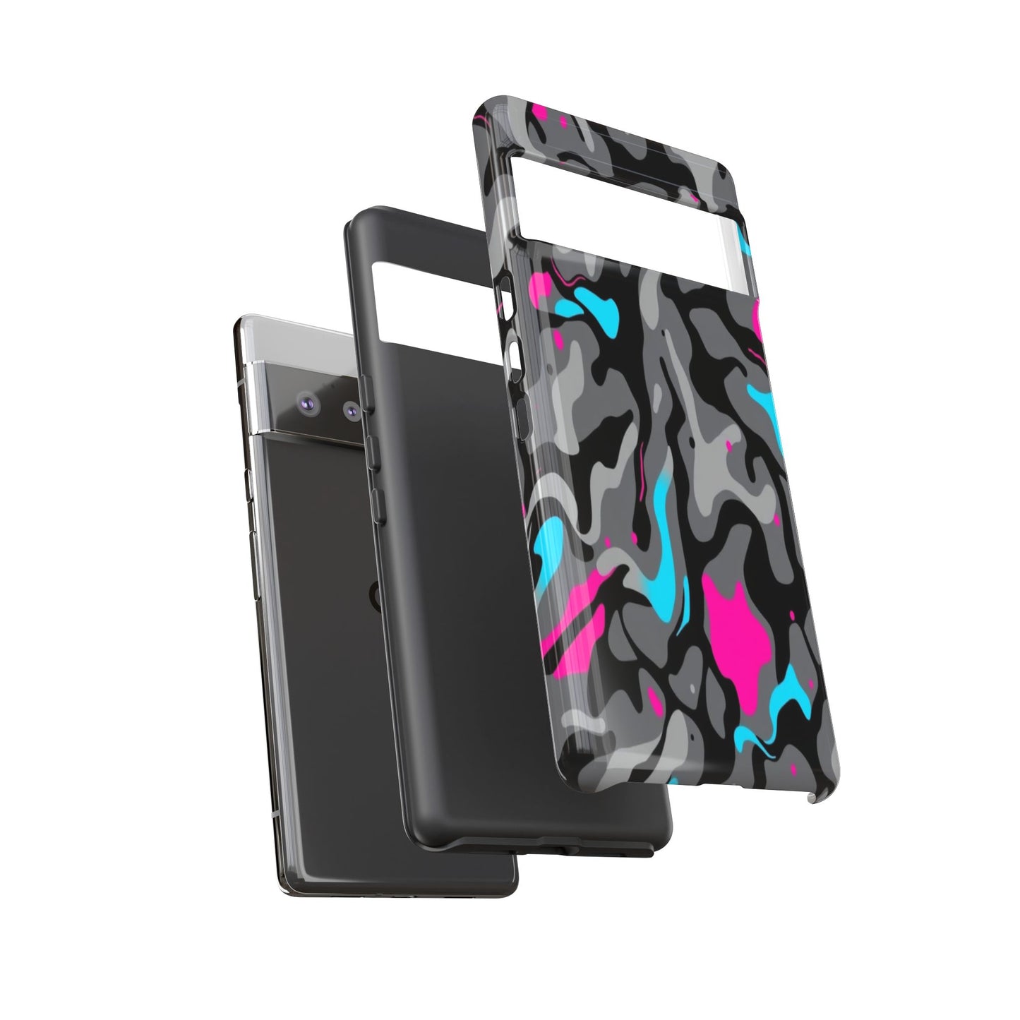 Camouflage Phone Case — Gray Camo with Neon Pink & Cyan Accent Tough Protective Cover