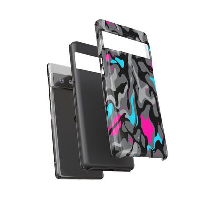 Camouflage Phone Case — Gray Camo with Neon Pink & Cyan Accent Tough Protective Cover