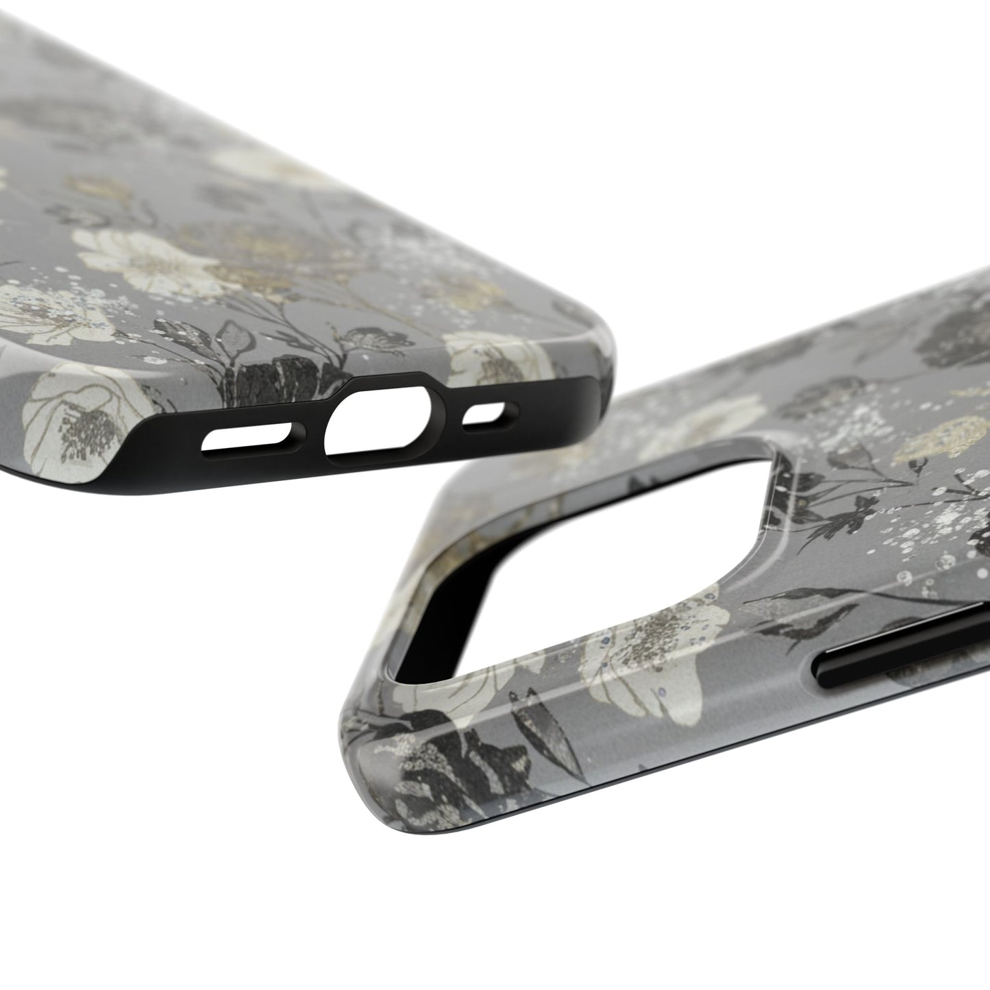 Floral Gray Tough Phone Case — Elegant Protective Phone Cover with Gold Accent