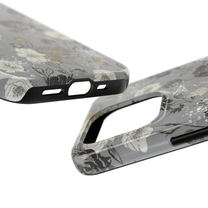 Floral Gray Tough Phone Case — Elegant Protective Phone Cover with Gold Accent
