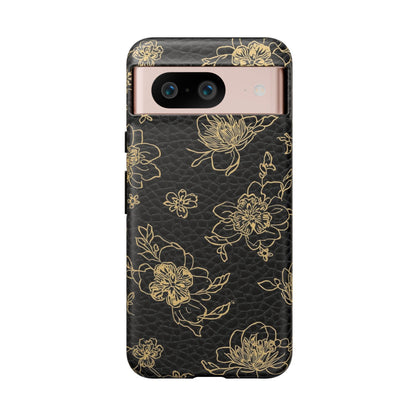 Floral Leather Phone Case — Gold Outline Flowers on Black Tough Case