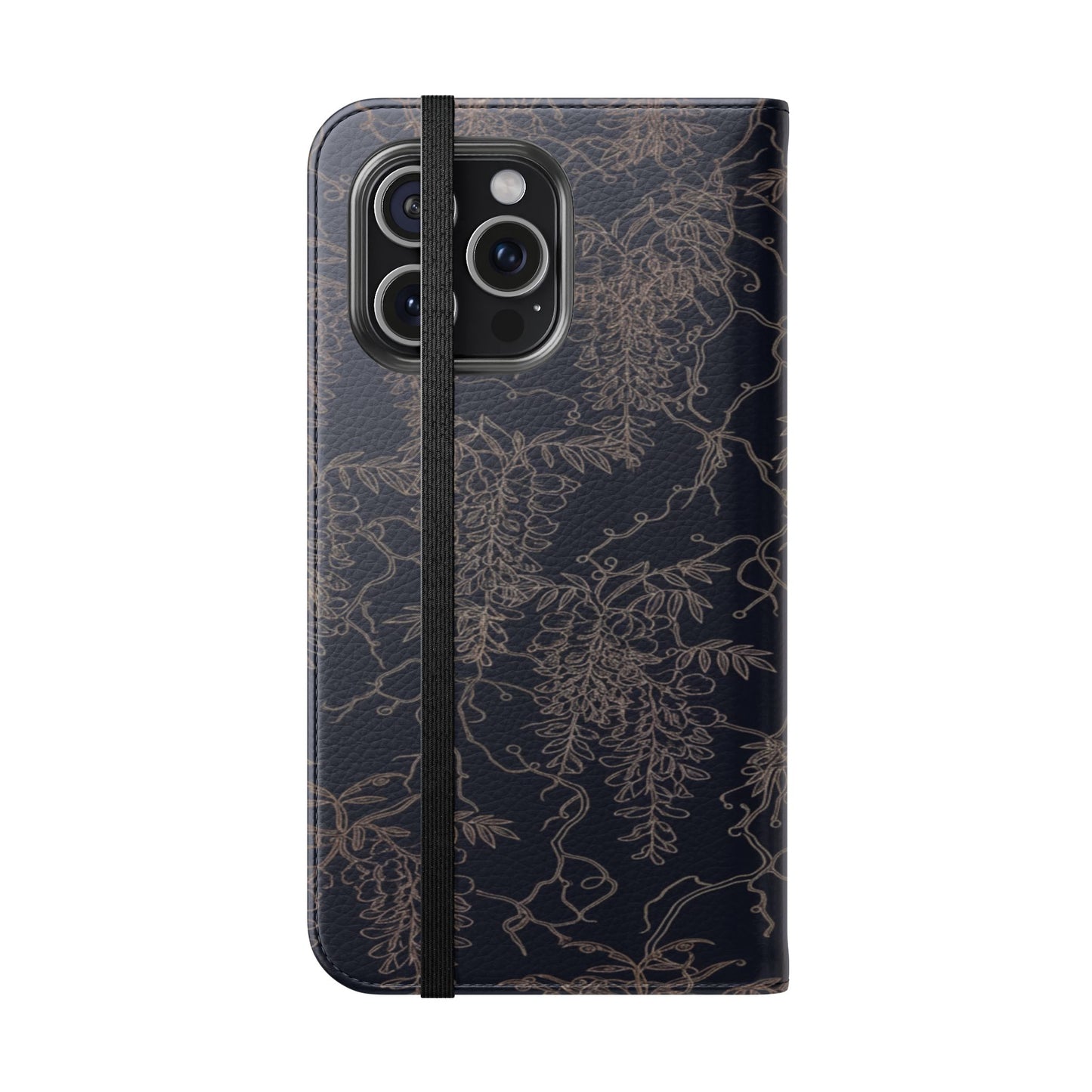 Botanical Noir Flip Phone Case — Dark Floral Wallet Cover with Card Slots