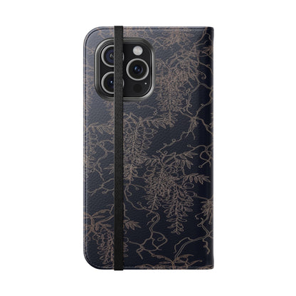 Botanical Noir Flip Phone Case — Dark Floral Wallet Cover with Card Slots