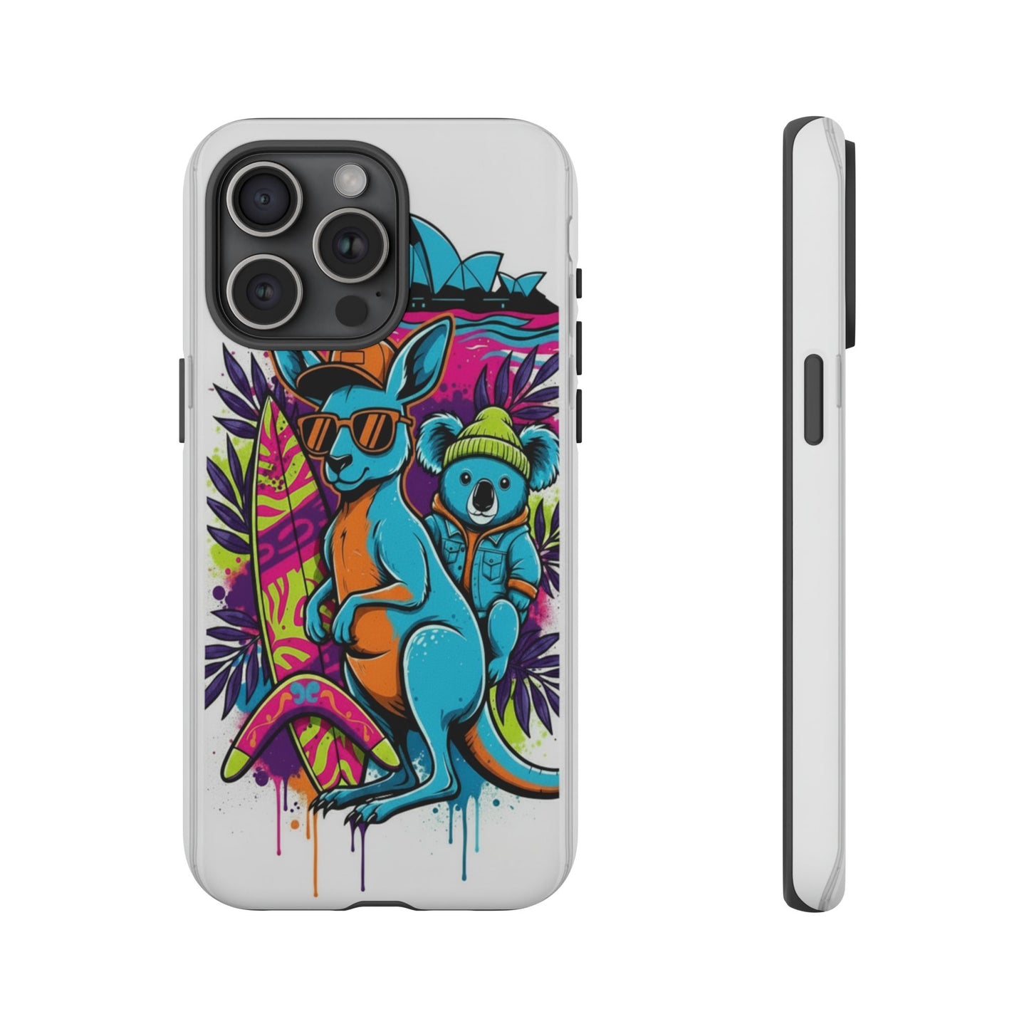 Kangaroo & Koala Surf Phone Case — Retro Neon Beach Art Tough Case