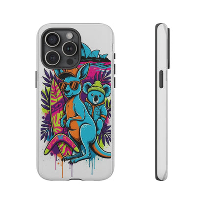 Kangaroo & Koala Surf Phone Case — Retro Neon Beach Art Tough Case