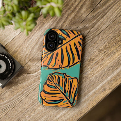 Tropical Leaf Tough Phone Case — Orange Monstera Design on Teal