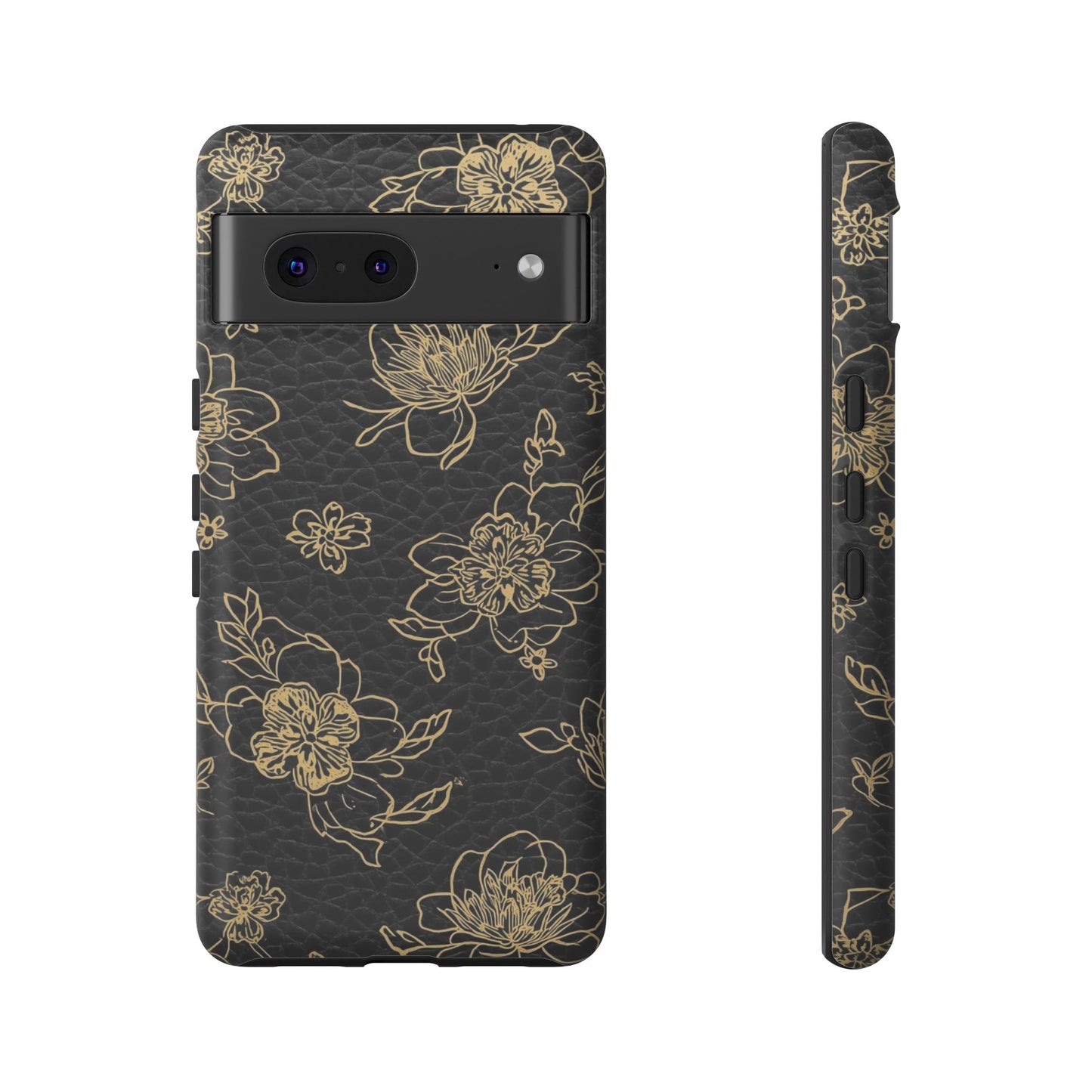 Floral Leather Phone Case — Gold Outline Flowers on Black Tough Case