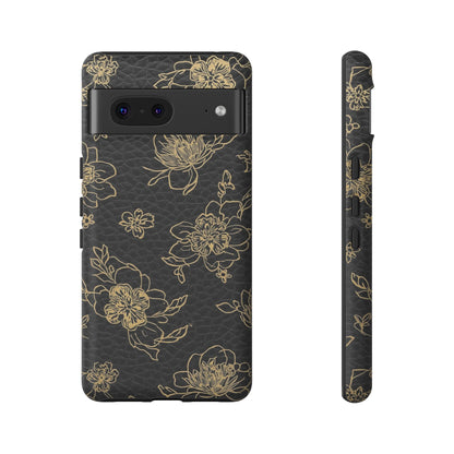 Floral Leather Phone Case — Gold Outline Flowers on Black Tough Case