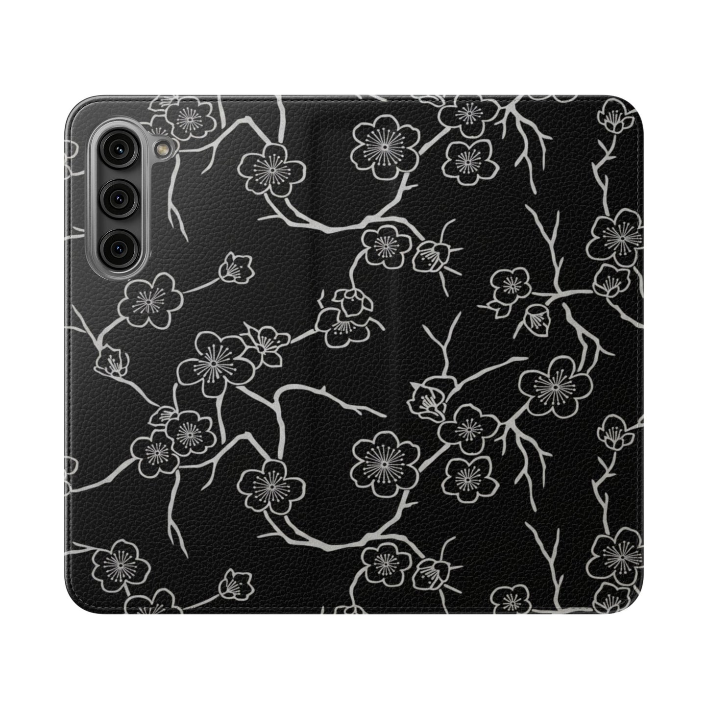 Black Cherry Blossom Flip Phone Case – Floral Wallet Flip Case with Card Slots