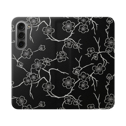 Black Cherry Blossom Flip Phone Case – Floral Wallet Flip Case with Card Slots