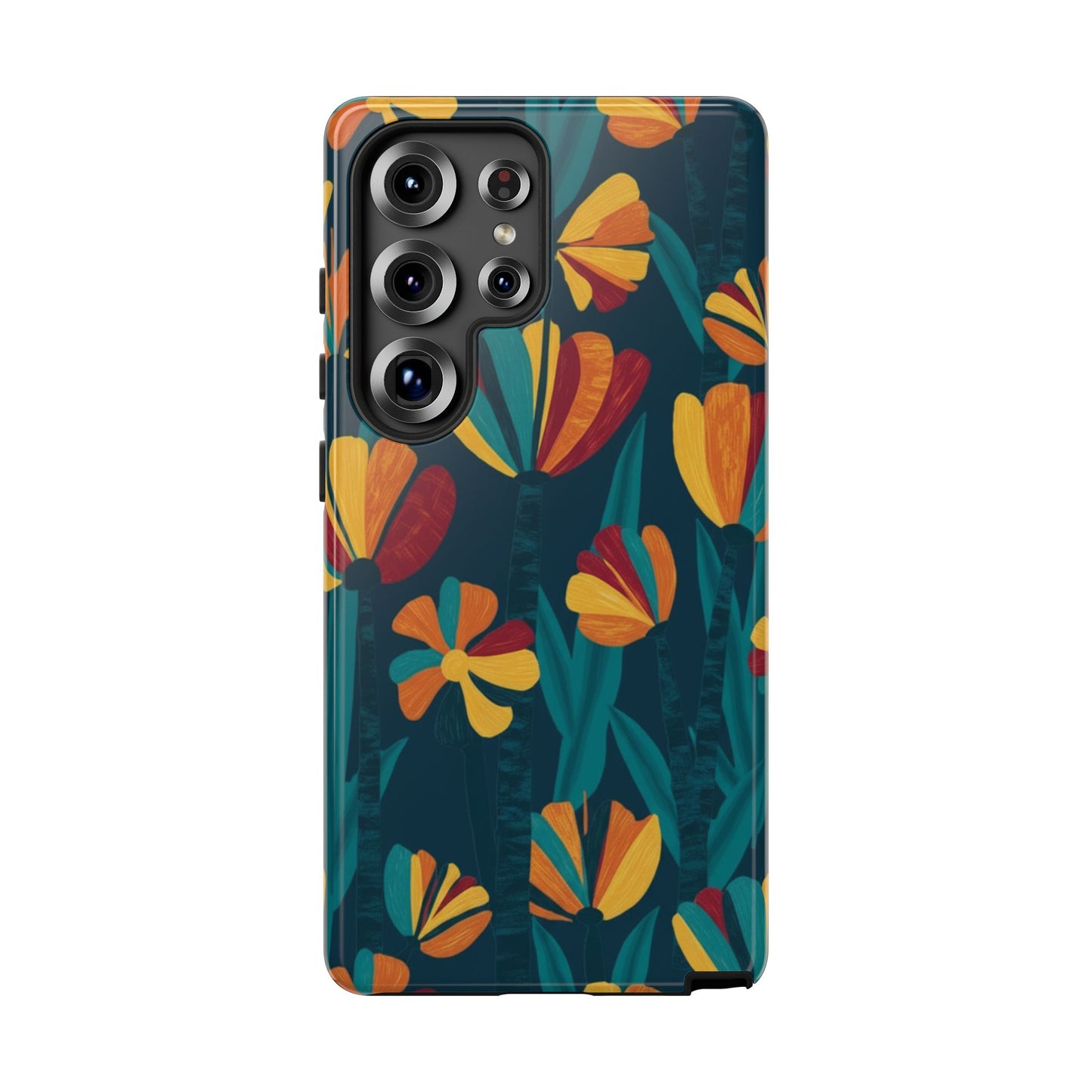 Floral Retro Teal Tough Phone Case — Vibrant Orange & Mustard Blooms