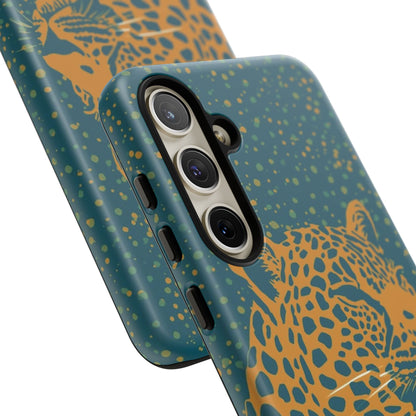 Leopard Print Tough Phone Case — Gold Panther on Teal, Protective iPhone Cover