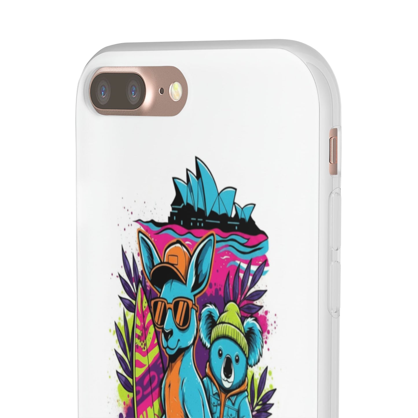 Kangaroo & Koala Surf Phone Case — Neon Aussie Beach Vibes Flexible Case